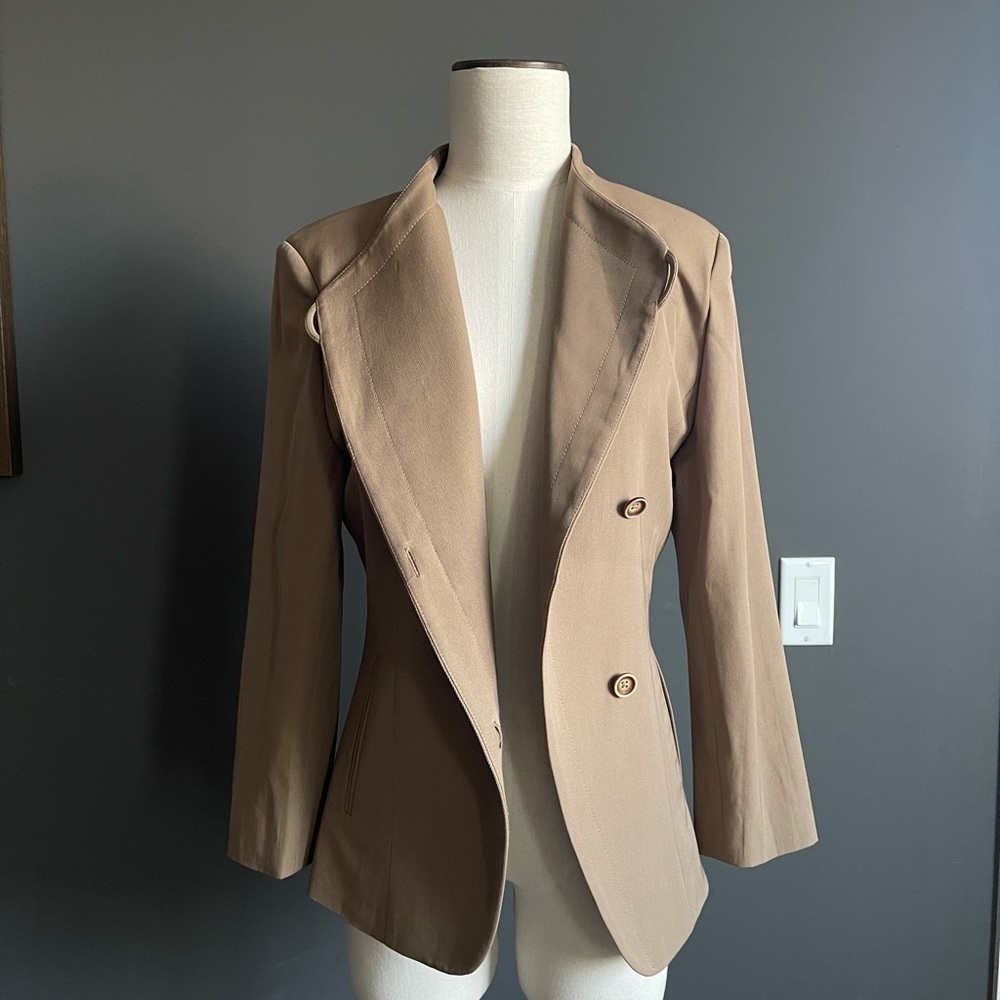 Chelsea Mak Tan Asymmetrical Wrap Jacket Old Money Capsule Quiet Luxury Minimal
